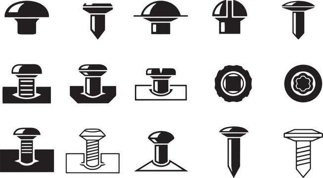 A collection of black and white icons depicting various types of fasteners. The icons include bolts, screws, rivets, and nuts.