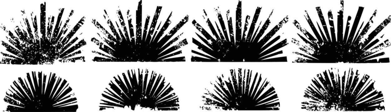 Vintage sunburst design elements set, retro black radial rays, grunge texture overlays for decoration
