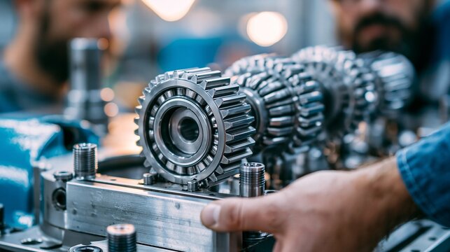 Closeup medium view of a crankdriven oil pump assembly where engineers carefully align rotors for balance and efficiency during the production process.