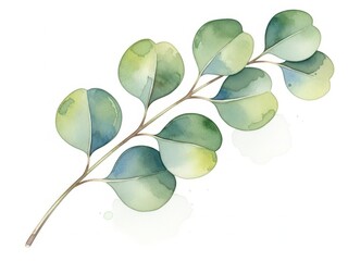 Obraz premium Watercolor of a green eucalyptus branch with round leaves on white