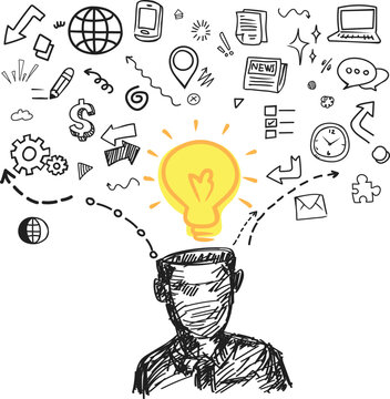 Front view businessman with open head and exploding lightbulb doodle vector.
