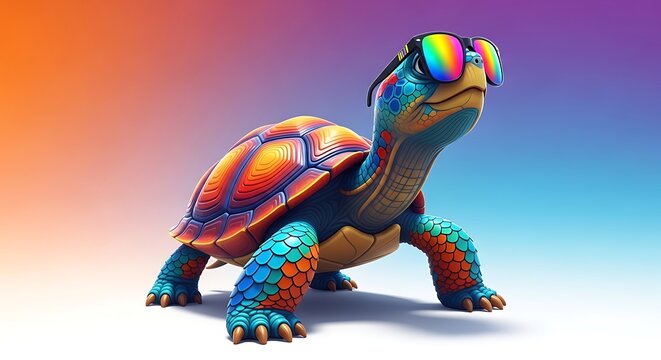 A colorful turtle wearing sunglasses on a gradient background