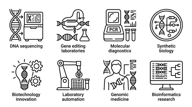 Biotechnology and Genetic Research Icons Set.