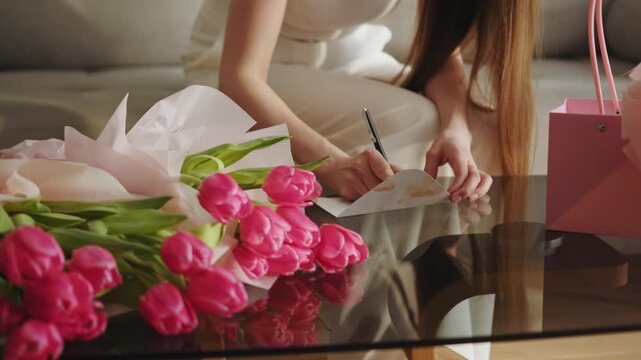 Close-up of woman's hands writing on card next to pink tulips and gift bag, soft indoor lighting. The calm detail conveys sentiment, romance and the warmth of personal celebration