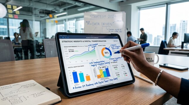 Business professional analyzing data on tablet with graphs and charts in modern office setting with colleagues in background