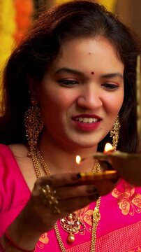 Couple Lighting Brass Oil Samai on Diwali , Indian Young Man and Woman in Traditional Kurta and Saree Smiling While Lighting Decorative Festival Lamp at Night Inside Cozy Ethnic Home Setting