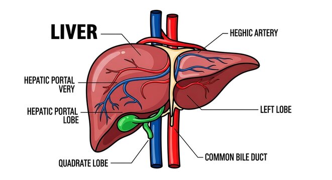 Detailed anatomical diagram of human liver and bile system.