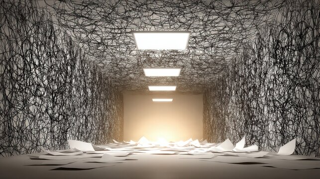 Dark Tangled Corridor With Papers and Illuminated Ceiling
