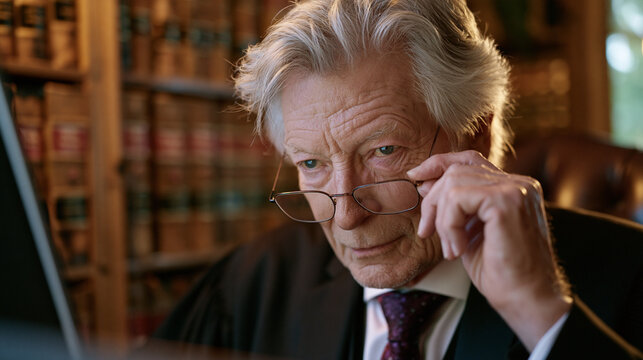 Elderly retired judge consults AI sentencing guidelines reference tool on desktop computer in home study, bookshelves lined with outdated penal codes behind him, afternoon golden hour light warming 