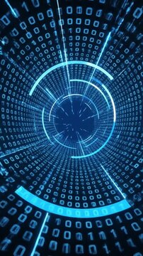 Abstract digital tunnel animation binary code stream with blue light