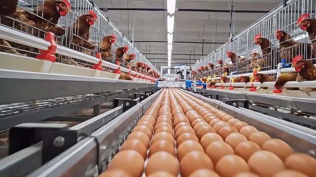 Chickens lay eggs on a conveyor belt in a large farm indoor facility