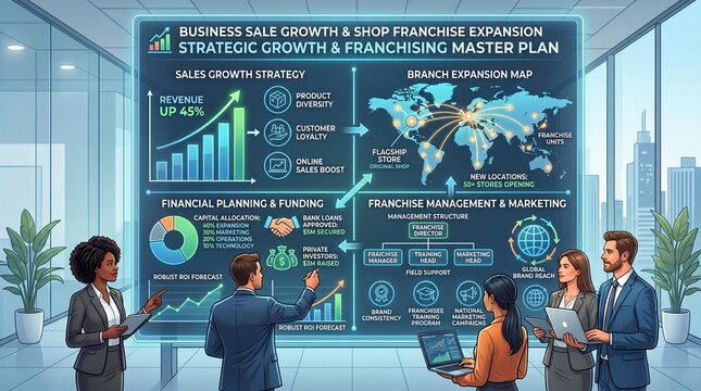 Business professionals analyzing sales growth strategy and franchise expansion master plan in modern office setting with infographic