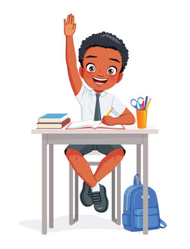 Young African-American school boy sitting at a desk and raising his hand. Black student writing in notebook. Vector illustration.