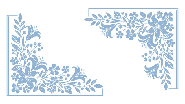 Blue floral corner frame design with lily flowers and berries on transparent background.