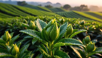 Obraz premium Fresh Green Tea Plantation at Sunrise with Dew Drops on Young Tea Leaves