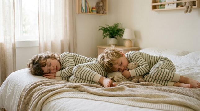 Two young children napping on bed in matching striped pajamas