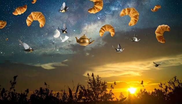 Golden Teapots With Tiny Wings Soaring Alongside Croissants and Birds Through a Dreamy Sunset Sky