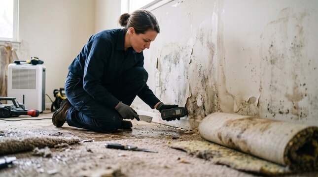Mold remediation specialist inspects damaged wall with moisture meter
