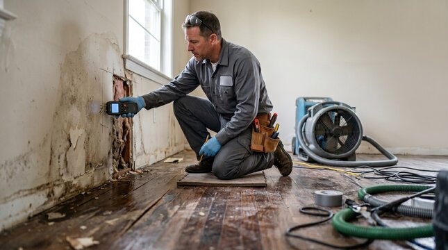 Water damage inspector using a moisture meter on a damaged wall