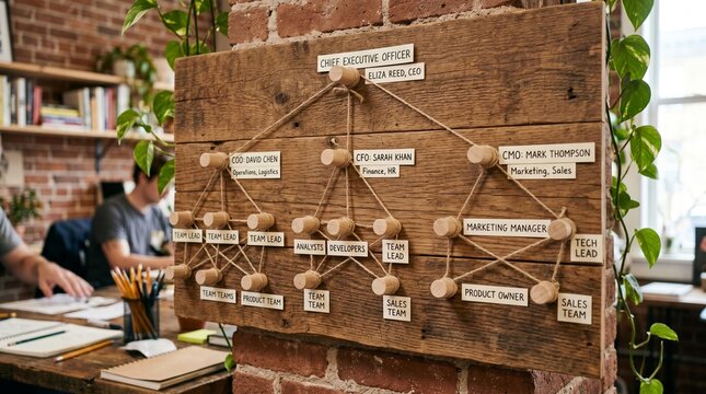 A rustic wooden organizational chart on a brick wall in an office setting with people working in the background and plants around