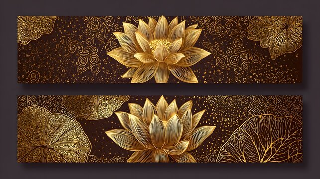 Banner set of golden patterns with lotuses and leaves. Luxury package design with line lily. Template for Chinese banners, cover, label, pattern. Elegant oriental nelumbo nucifera.

