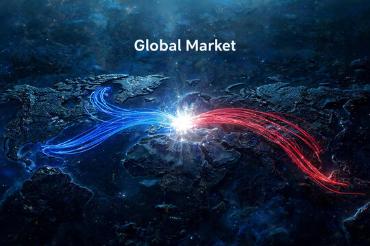 Mapa mundial conceptual en 3D con l&iacute;neas de luz azul y roja chocando, que simboliza la competencia econ&oacute;mica, la geopol&iacute;tica y el mercado global entre potencias comerciales en el espacio.