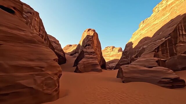 Red rock formations stand tall in a desert landscape under a blue sky