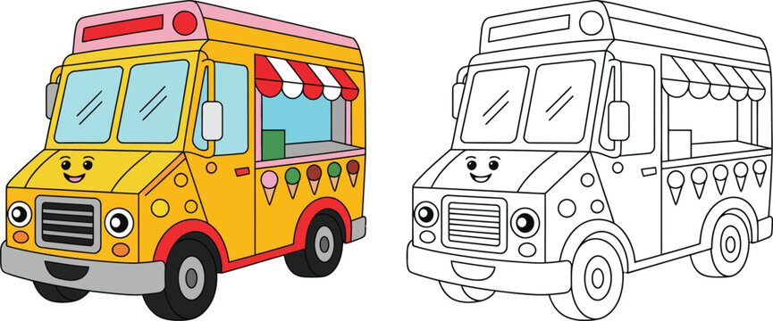 Cute cartoon ice cream truck coloring page for kids with coloring activity illustration preschool learning colorable educational character transport isolated background