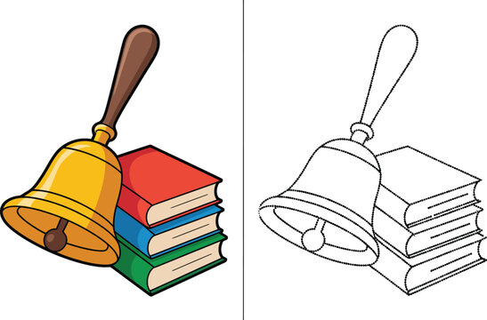 Learning activity trace and color page with brass school bell and textbooks stack coloring worksheet education activity illustration preschool learning exercise creative development