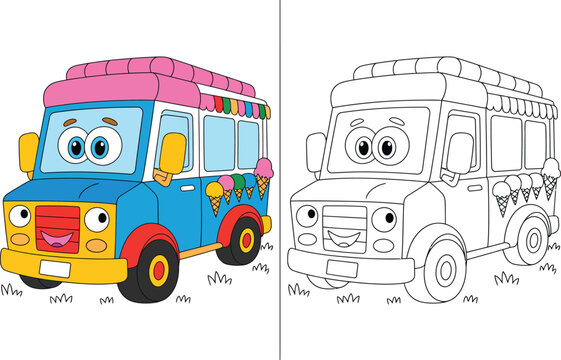 Educational ice cream truck cartoon coloring page for children with coloring activity illustration preschool learning colorable educational character transport isolated background