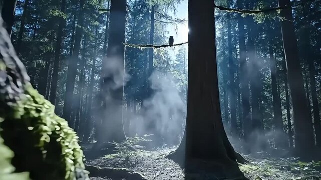 A serene forest scene with a person on a zip line amidst fog and sunlight filtering through tall trees and mossy rocks.