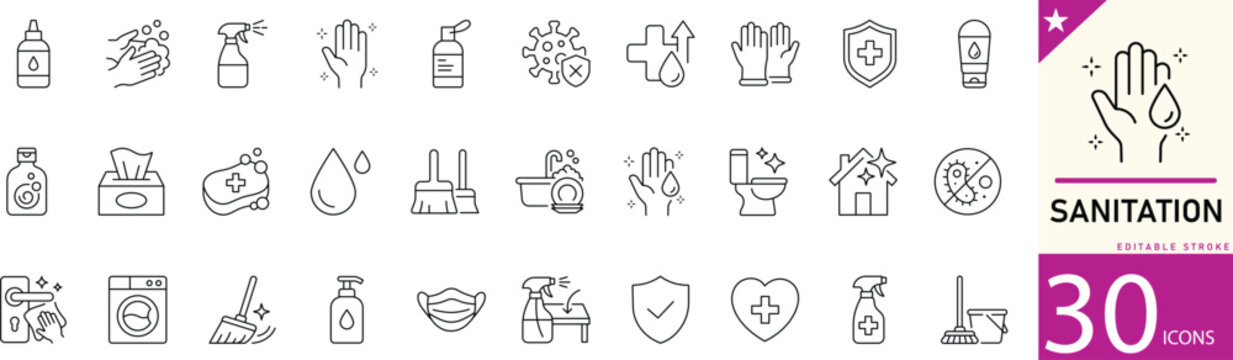 Sanitation line icon set for hygiene, cleaning, waste management, disinfecting, and public health services. Editable vector icons for healthcare, cleaning services, and sanitation projects.
