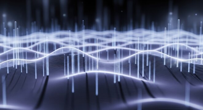Abstract digital data visualization with wave like structures and glowing lines