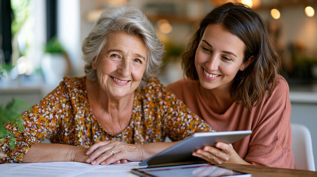 Elderly grandmother and adult granddaughter review estate legal hold notification documents together at dining table, official correspondence spread beside tablet displaying law firm client portal, 
