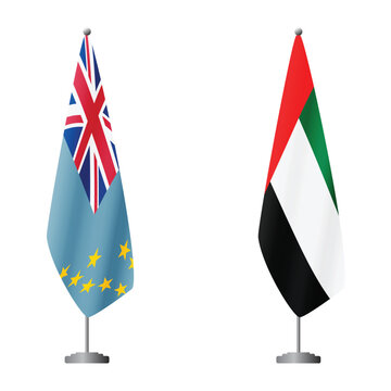 Tuvalu and United Arab Emirates flags on flagpoles for official ceremonies and meetings, transparent background vector