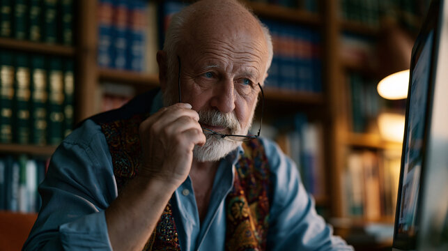 Elderly retired judge consults AI sentencing guidelines reference tool on desktop computer in home study, bookshelves lined with outdated penal codes behind him, afternoon golden hour light warming 