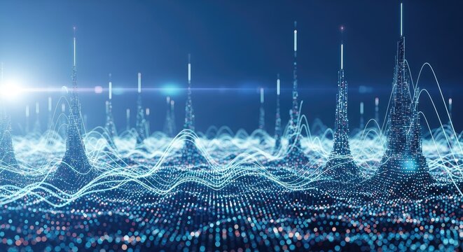 Abstract digital data visualization with wave patterns and light effects