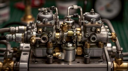Fototapeta premium Shot of a small engine carburetor mounted on a flow bench highlighting detailed calibration processes for improved fuelair mixture.