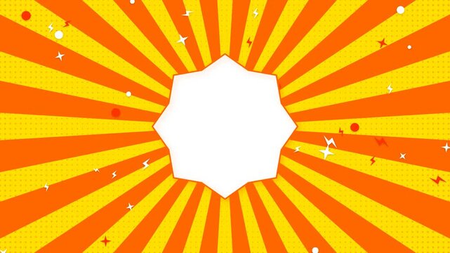 Retro pop art background animation featuring a central white badge frame with rotating sunburst rays, flashing lightning bolts, and halftone dots. Perfect for comic style video loops