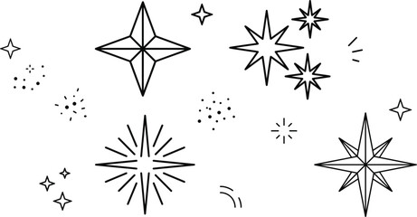 Star sparkle twinkle icon set magic shining geometric starburst line art elements isolated on white background vector © MDSAIFUL