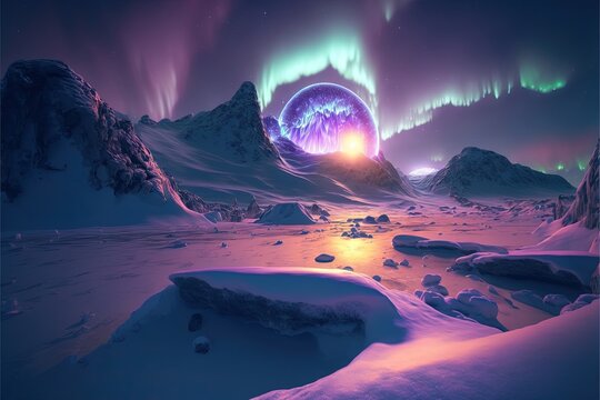 Beautiful northern Lights seen on a strange alien planet in a snowy environment.