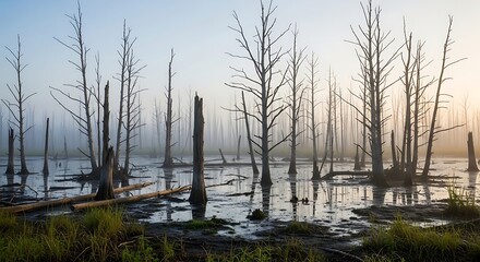 Fototapeta premium Dead Trees in Misty Swamp Landscape