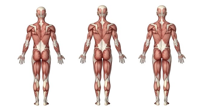 Anatomical 3D renderings of human muscular system from front view.