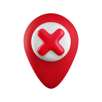 Vector cartoon 3d Invalid location map pin icon. Cute realistic red gps pointer with X cross sign. Minimal 3d render of wrong map marker, No Gps, navigation error, canceled destination symbol for app.