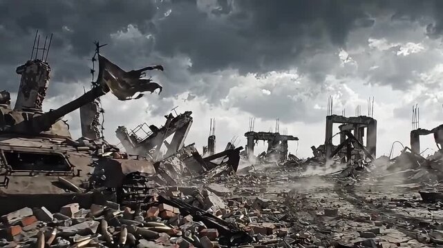 A desolate landscape of war torn destruction with rubble and debris scattered everywhere under a cloudy sky with a destroyed tank and buildings.