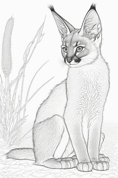 Cute wild caracal kitten line drawing for colouring pages.