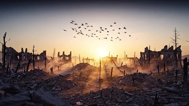 Sunset over a desolate war-torn landscape with ruins, debris, and birds flying away