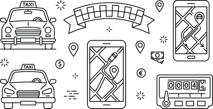 Taxi service line icons vector set featuring cabs smartphone navigation map pins checkered banner meter and currency cash.