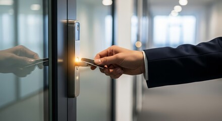 Obraz premium Businessman's Hand Using Keycard to Unlock Modern Office Door for Access