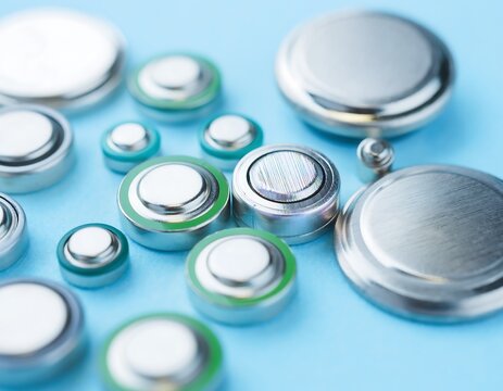 Close-up of Various Button Cell Batteries on a Blue Surface.